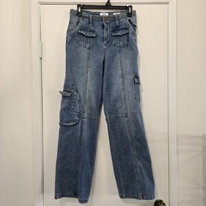 BBJ Los Angeles High Rise Wide Flare Leg Cargo Jeans Size 1/25 Y2K Streetwear